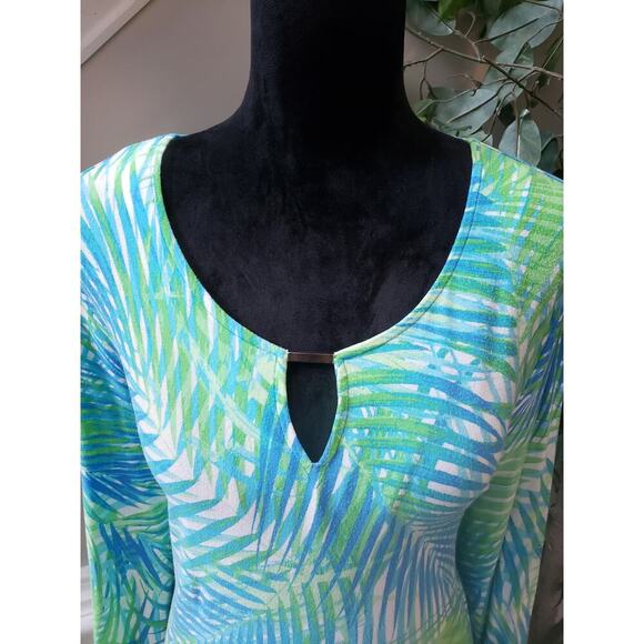 Ruby Rd. Blouse Top Womens XL White Blue Palm Leafs Side Slit Keyhole Round Neck - Picture 12 of 13
